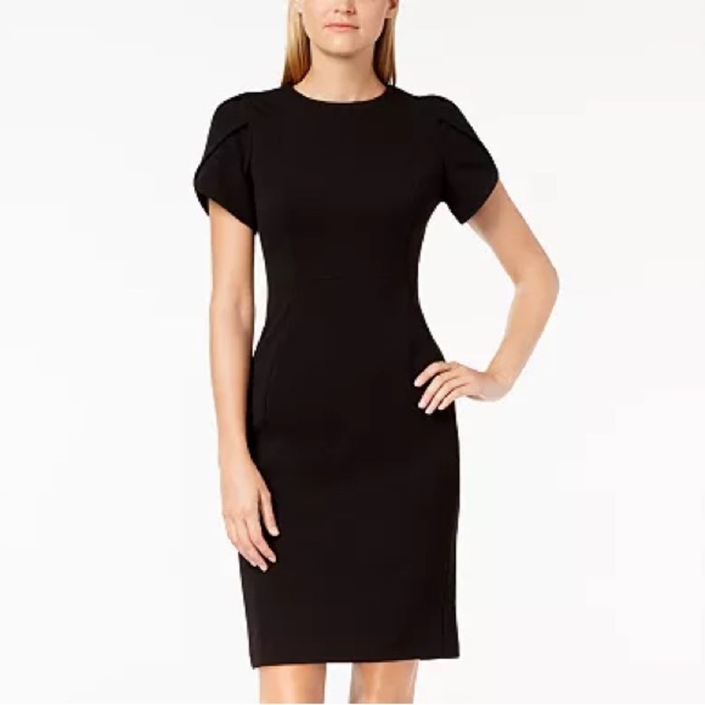 Calvin Klein Black Tulip-Sleeve Scoop Neck Exposed Zipper Sheath Dress NWT Sz 6P
